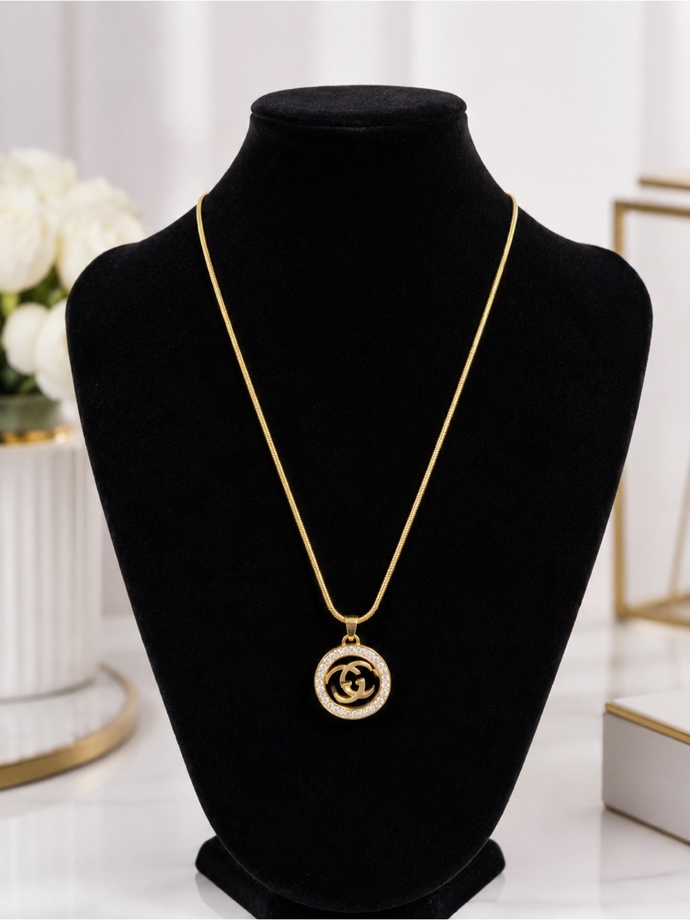 Gold-Tone Round Pendant Necklace with Clear Crystal Accent